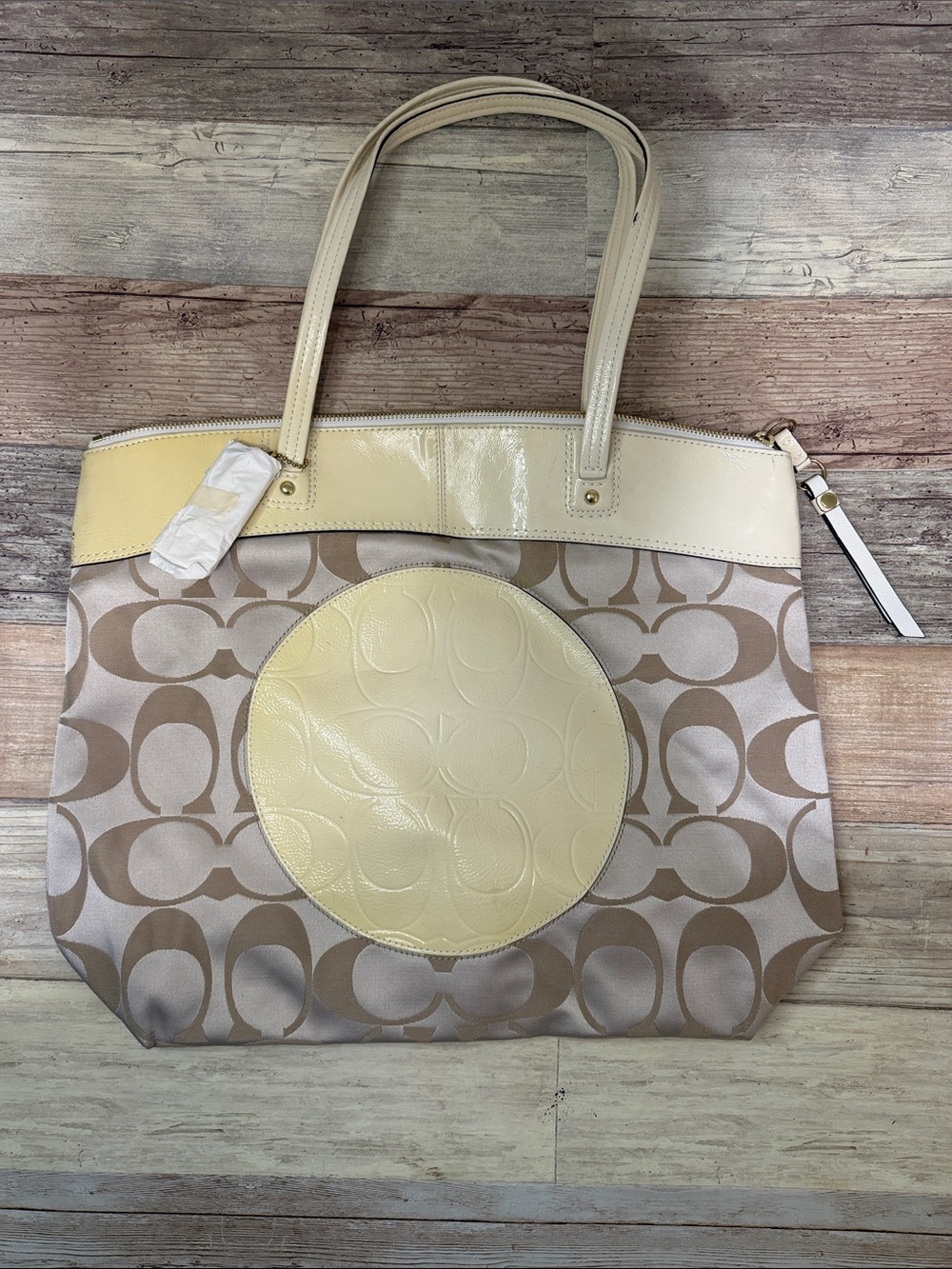 Vintage Coach Beige Signature Laura Tote with Leather Accents NEW